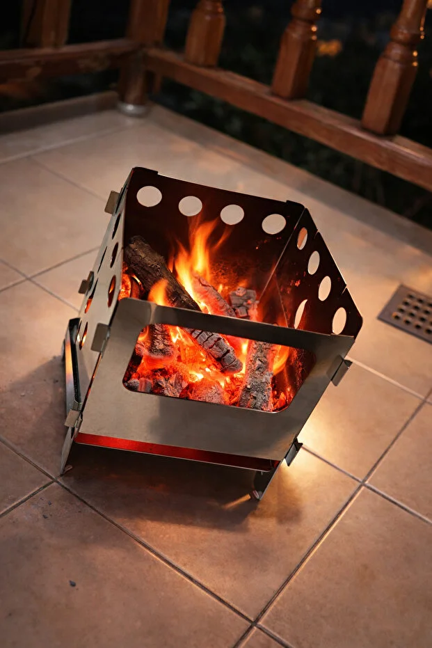 Large Ateş Kutusu / Portatif Katlanır Kamp Ocağı / Kül Tablalı & Çantalı (15x15x20 cm)